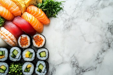 Different types of sushi and ingredients on marble floor