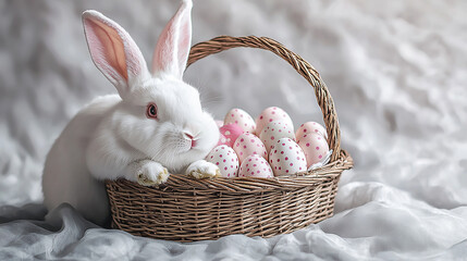 Easter Bunny sits in basket of eggs. Perfect for web, marketing, design. Celebratory, spring holiday.