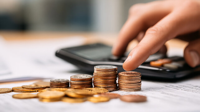 Close-up hand pressing calculator with financial documents and coins