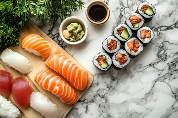 Salmon sushi and seaweed rice, served with wasabi and Japanese sauce for dipping, arranged on a marble table.
