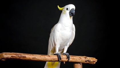 A white cockatoo perches on a wooden branch against a black background