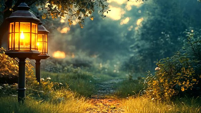 Serene pathway illuminated by a lantern at dusk
