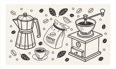 Hand drawn illustration of coffee making essentials with beans and leaves