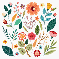 Fototapeta premium Collection of flat design flowers and leaves isolated on white background