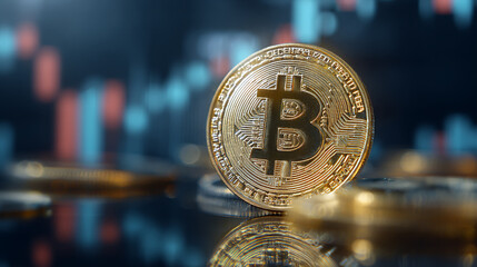 Bitcoin coin with futuristic hologram and stock market interface