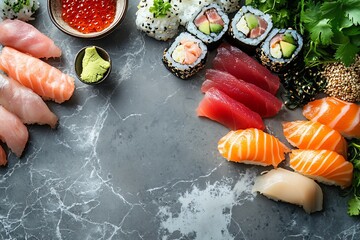 Sushi and sushi ingredients on a marble floor
