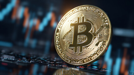 Bitcoin coin with futuristic hologram and stock market interface