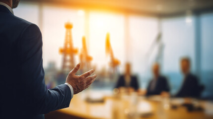 Businessman presenting oil energy investment strategy in a boardroom