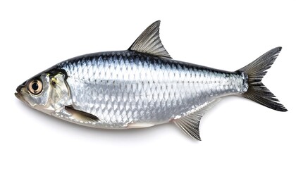 Naklejka premium A small, silvery fish lies on a white background, viewed from above