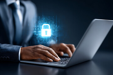 Obraz premium Cybersecurity Professional Engaged in Secure Data Protection on Laptop in Modern Office Environment After Hours