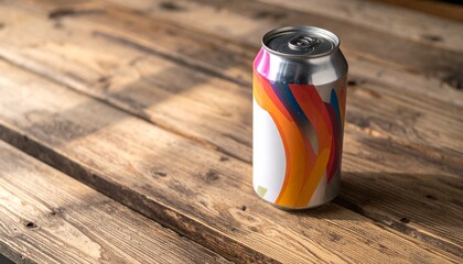 High-Quality Metallic Soda Can Mockup with Vibrant Label Design, Perfect for Branding, Marketing, and Packaging Concepts on a Rustic Wooden Background