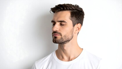 Obraz premium A young man with short brown hair and a beard, eyes closed, wearing a plain white t-shirt, against a white background