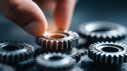 Close-up of hand placing gear in group mechanism teamwork concept