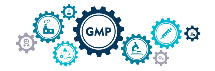 GMP banner website icons vector illustration concept. GMP abbreviation standing for good manufacturing practice