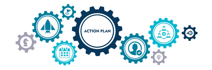 Action plan banner web icon vector illustration concept with icon of objective, strategy, collaboration, schedule, act, inspect, and implementation