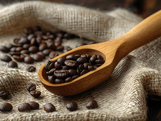 Coffee beans in a wooden scoop on a sack
