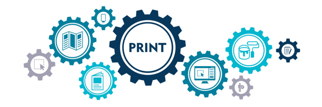 Print banner web icon vector illustration concept with icon of flyer, advertisement, brochure, poster, postcards, cmyk, picture editing, dtp, and prepress