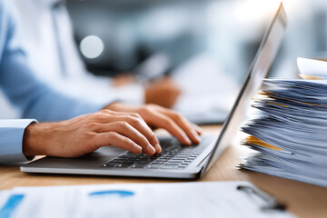 Professional Workspace With Hands Typing on Laptop Amidst Piles of Documents in an Office Setting