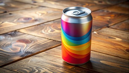 Premium Soda Can Mockup on Rustic Wooden Table with Colorful Label, Metallic Finish, and Realistic Shadows for Creative Beverage Advertising and Product Presentation