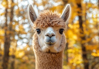 Fototapeta premium Close-Up Portrait of a Charming Llama Surrounded by Vibrant Autumn Foliage in Soft Natural Light
