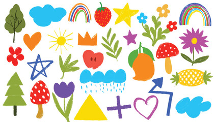 Colorful funky childish doodles elements cloud, flower, heart, house, toys, bow, rainbow, sun. Kid drawing scribble doodle collection icons drawn with crayon. Hand drawn cute naive vector illustration