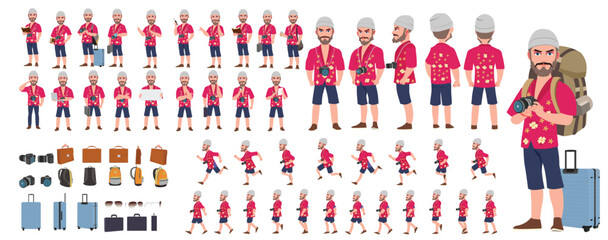 Traveler character model sheet, Character poses, expressions, Walk cycle, Run cycle animated character sequences.