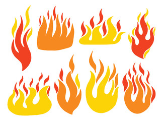 Crayon drawn red fire flames icons collection. Fire flame symbol. Fire icon collection. Hand drawn doodle flames stickers. Bonfire silhouette logotype. Flames symbols set flat style vector