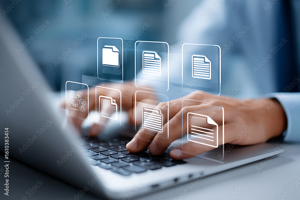 Poster hands typing on a laptop while interacting with digital file icons in a modern office setting