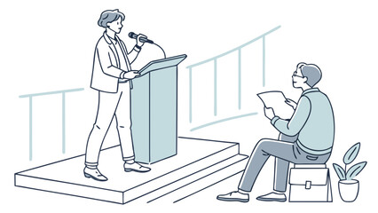 Simple Line Art Illustration Business Presentation: Speaker at Podium, Attentive Listener, Minimalist Design, Modern Office Setting