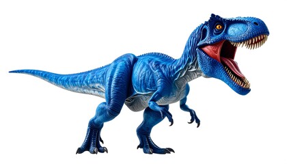 A vibrant blue theropod dinosaur, digitally rendered, stands against a white backdrop, mouth agape