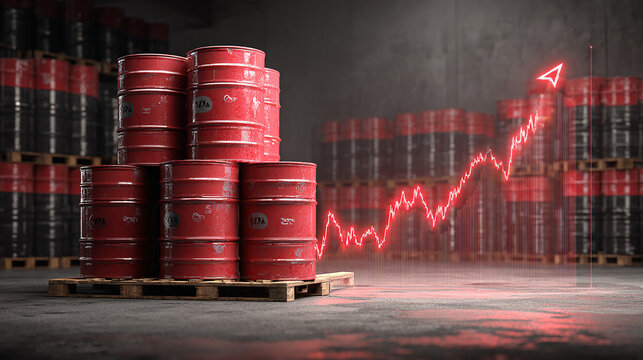 Oil barrels stacked in warehouse with rising price chart overlay