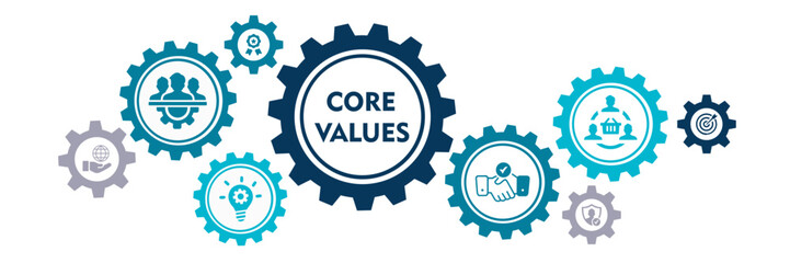 Printcore values outline banner icon of innovation, goals, teamwork, commitment, integrity, customers, responsibility