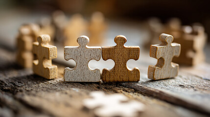Puzzle pieces representing teamwork on a wooden table