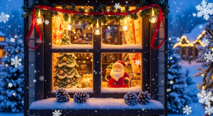 Christmas decorations in the windows of a cold village house