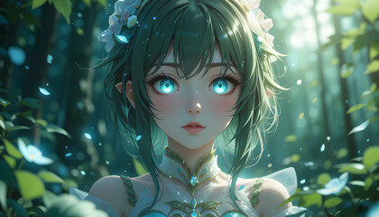 beautiful anime girl, / a fairy in the forest 4k pc wallpaper