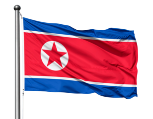 North Korean Flag Waving on Steel Pole, Full View, High Resolution, Isolated on Transparent Background.