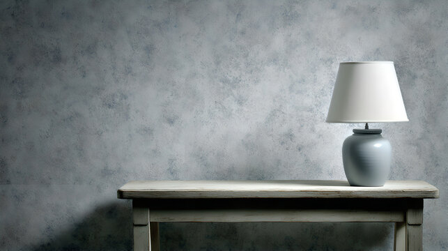 A simple lamp on a rustic wooden table stands against a textured grey wall.
- Powered by Adobe