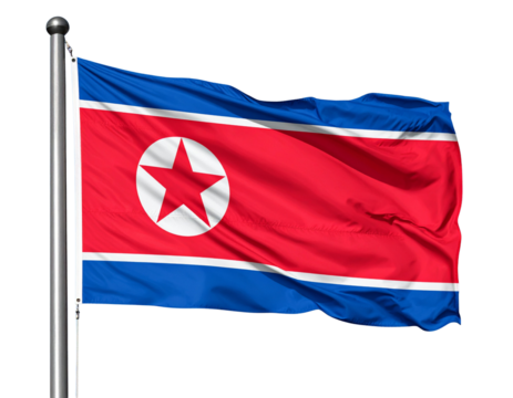 North Korean Flag Waving on Steel Pole, Full View, High Resolution, Isolated on Transparent Background.