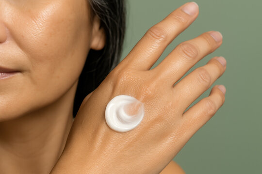 Woman applying moisturizing cream to hand for healthy hydrated skin care on green background, close up of smooth complexion