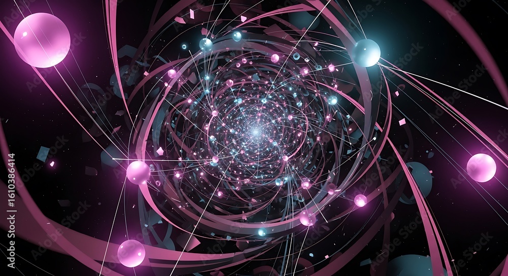 Poster a vibrant abstract network of spheres and lines converging towards a central bright point of light