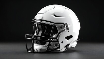 Fototapeta premium A sleek, white football helmet with a black facemask rests on a dark surface