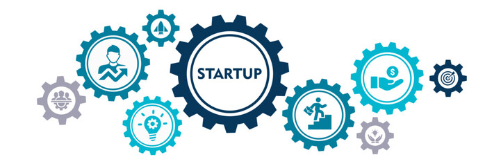 Start up banner web icon illustration concept with icon of innovation, idea, goal, business plan, money, team, and scalability
