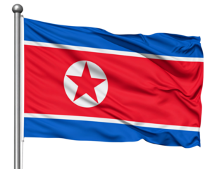 North Korean Flag Waving on Steel Pole, Full View, High Resolution, Isolated on Transparent Background .