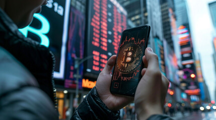 Person Checks Bitcoin Stock in Times Square. Demonstrates cryptocurrency, investment, and technology. Use for finance blogs, ads, web design.