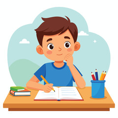 A boy sits at a desk, thoughtfully writing in a notebook, surrounded by books and colored pencils.