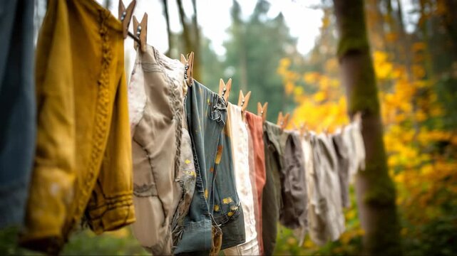 Colorful shorts hanging on a clothesline in a serene forest during autumn