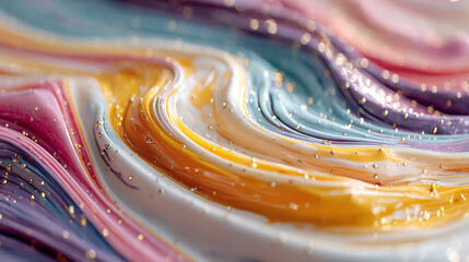 Fluid Paints Flow with Glitter. Abstract design element uses dynamic colorful textures for backgrounds, web design, marketing materials, and creative projects.