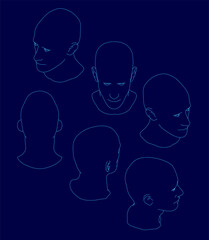 Six stylized male head outlines arranged symmetrically on a solid blue background. Each contour features clean white lines with uniform direction and spacing.