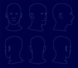 Six human head silhouettes in various profiles highlight diverse facial features on a clean blue background. The minimalist design emphasizes contours and shapes of male heads. Ideal for psychology.