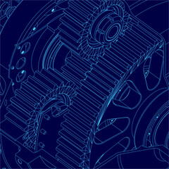 Detailed blueprint of a gearbox with intricate mechanical components, featuring propeller and turbine elements. The technical drawing highlights precise contours against a clean blue background. © German Ovchinnikov